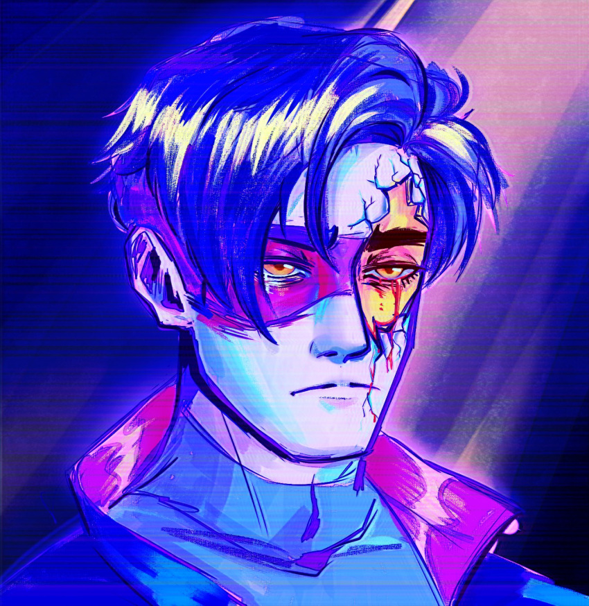 1boy, anthony_stellar, black_hair, blood, blood_on_face, blue_bodysuit, blue_hair, bodysuit