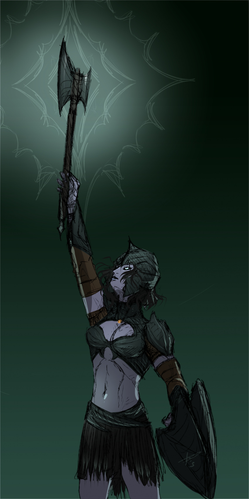 1girl, absurdres, arm_up, armor, axe, black_armor, black_background, black_hair