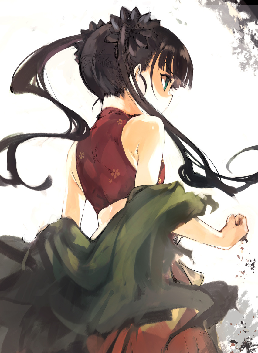 1girl, bare_shoulders, black_hair, blue_eyes, commentary_request, from_behind, highres, long_hair