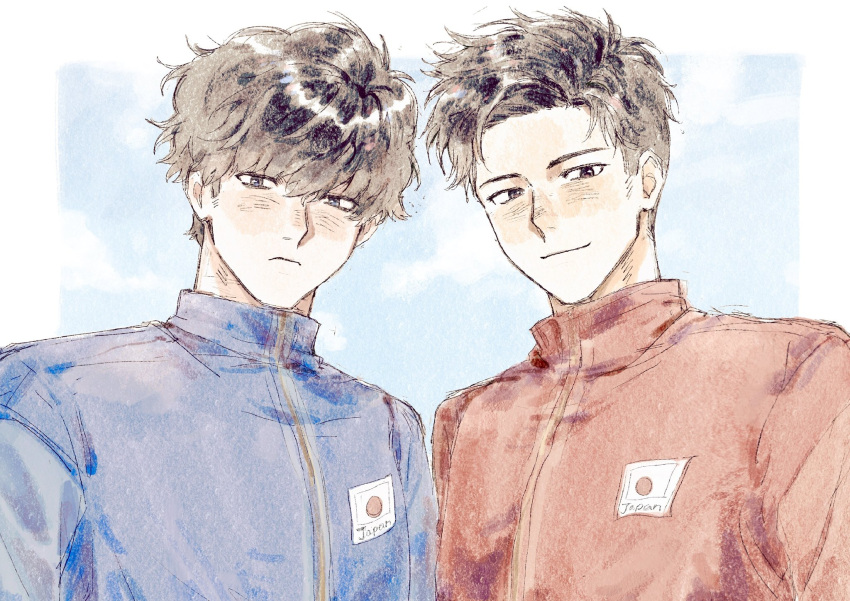 2boys, black_hair, blue_jacket, blush, closed_mouth, flag_print, highres, hyakuemu