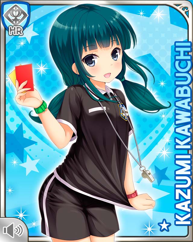 1girl, :d, black_eyes, black_shirt, black_shorts, blue_background, blue_hair, card