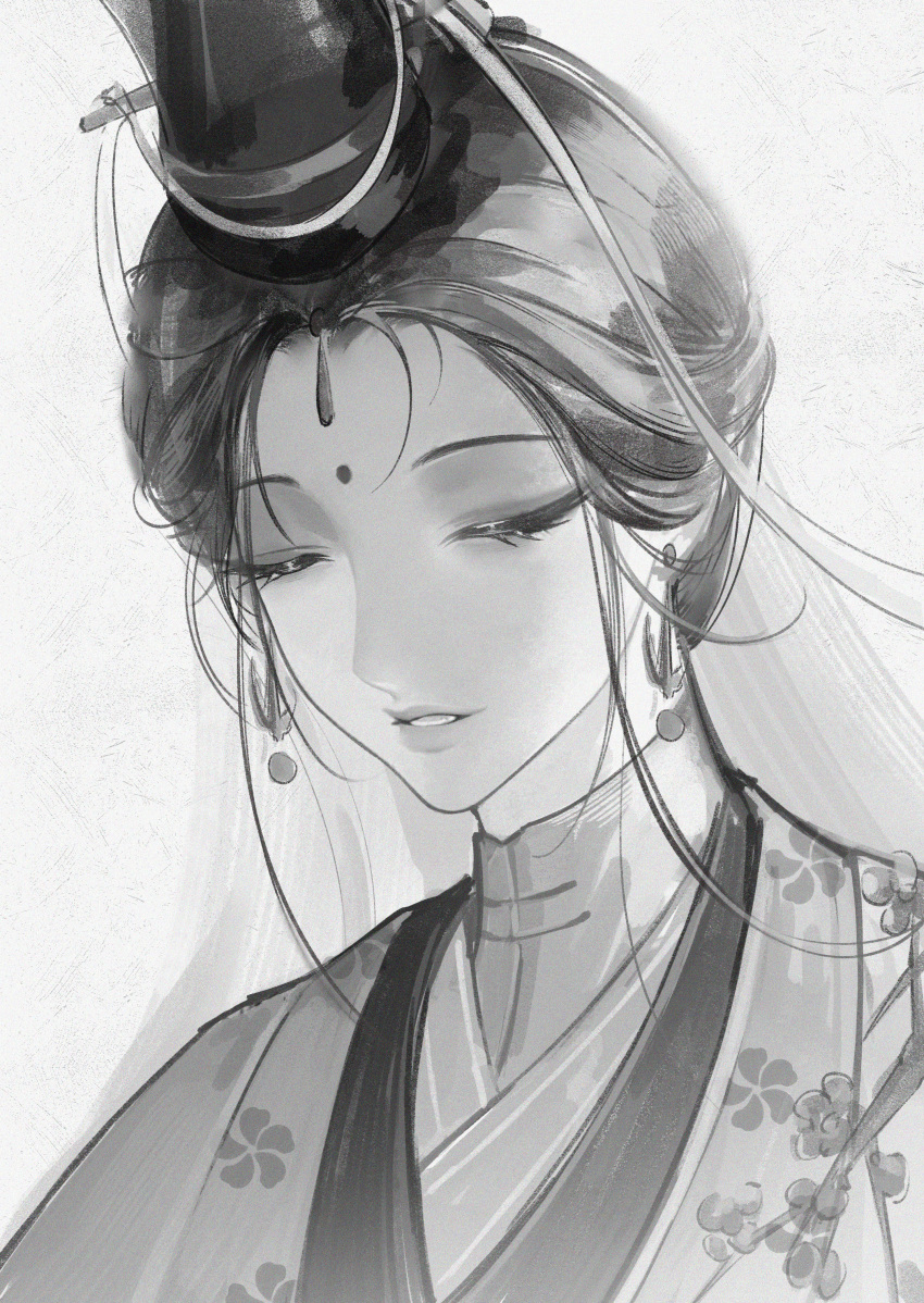 1girl, absurdres, chinese_clothes, closed_eyes, earrings, facial_mark, forehead_mark, grey_background
