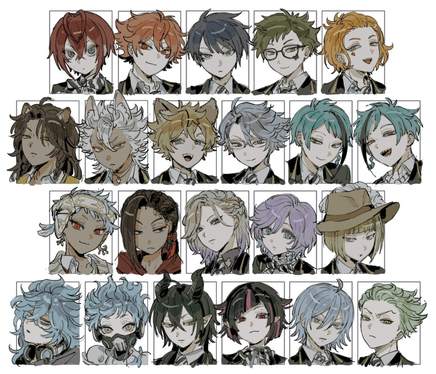 6+boys, :3, :d, :o, ace_trappola, ahoge, animal_ear_fluff, animal_ears, antenna_hair, aqua_hair, asymmetrical_bangs, azul_ashengrotto, bags_under_eyes, black-framed_eyewear, black_border, black_eyes, black_hair, black_horns, black_jacket, black_shirt, black_streaks, blazer, blonde_hair, blue_eyes, blue_hair, blue_lips, blunt_bangs, blunt_ends, bob_cut, border, bow, bowtie, braid, braided_sidelocks, brown_hair, cardigan, cater_diamond, choppy_bangs, closed_mouth, club_(shape), club_facial_mark, collared_shirt, colored_eyelashes, commentary_request, crossed_bangs, crown_braid, curtained_hair, dark-skinned_male, dark_skin, deuce_spade, diagonal-striped_bow, diagonal-striped_bowtie, diagonal-striped_clothes, diagonal-striped_necktie, diagonal_bangs, diamond_(shape), diamond_facial_mark, diasomnia_dorm, dot_nose, dragon_boy, dragon_horns, earrings, epel_felmier, everyone, expressionless, facial_mark, feather_hair_ornament, feathers, fiery_hair, floyd_leech, frilled_shirt_collar, frills, frown, gold_earrings, gold_trim, gradient_hair, green_eyes, green_hair, grey-framed_eyewear, grey_eyes, grey_hair, grin, hair_between_eyes, hair_ornament, hair_pulled_back, hair_slicked_back, hat_feather, headband, headphones, headphones_around_neck, heart_antenna_hair, heartslabyul_dorm, heterochromia, highres, hood, hood_down, hoodie, horns, hyena_boy, hyena_ears, idia_shroud, inset_border, jack_howl, jacket, jade_leech, jamil_viper, jewelry, kalim_al-asim, leona_kingscholar, light_frown, lilia_vanrouge, lion_boy, lion_ears, long_bangs, long_hair, looking_ahead, looking_at_viewer, loose_necktie, male_focus, malleus_draconia, mask, medium_hair, mole, mole_under_mouth, mullet, multicolored_hair, multiple_boys, muted_color, necklace, necktie, night_raven_college_school_uniform, octavinelle_dorm, open_mouth, orange_hair, ortho_shroud, outside_border, pale_skin, parted_bangs, partially_unbuttoned, pink_streaks, pointy_ears, pomefiore_dorm, portrait, purple_hair, raised_eyebrows, red_eyes, red_hair, red_hoodie, respirator, riddle_rosehearts, rook_hunt, round_eyewear, ruggie_bucchi, savanaclaw_dorm, scar, scar_across_eye, scar_on_face, school_uniform, sebek_zigvolt, serious, shaded_face, sharp_teeth, shirt, short_eyebrows, short_hair, sideways_glance, silver_vanrouge, simple_background, single_earring, smile, smirk, spade_(shape), spade_facial_mark, streaked_hair, striped_bow, striped_bowtie, striped_clothes, swept_bangs, tareme, teeth, tooth_necklace, trey_clover, twin_braids, twisted_wonderland, ureyyyyy, v-shaped_eyebrows, very_short_hair, vest, vil_schoenheit, white_background, white_eyes, white_hair, white_shirt, wolf_boy, wolf_cut, wolf_ears, yellow_cardigan, yellow_eyes, yellow_headband, yellow_vest