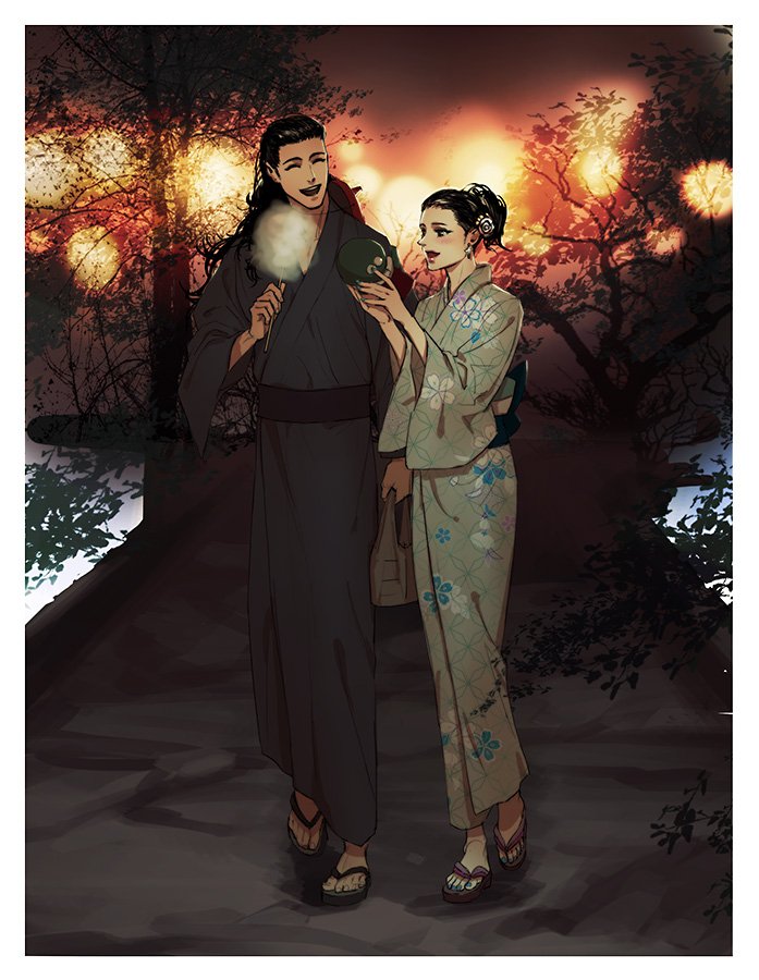 1boy, 1girl, aleph_(megami_tensei), bag, beth_(megami_tensei), black_hair, black_kimono, blush