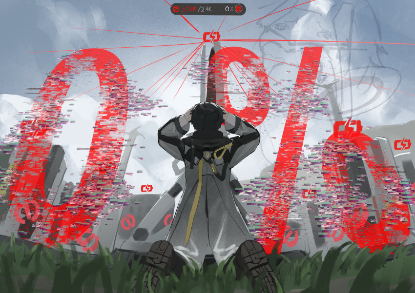 1boy, absurdres, arknights, arknights:_endfield, back, black_hair, clouds, coat