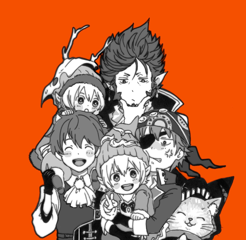 6+boys, anger_vein, animal_hood, bad_id, bad_pixiv_id, bandana, blush_stickers, cat_boy