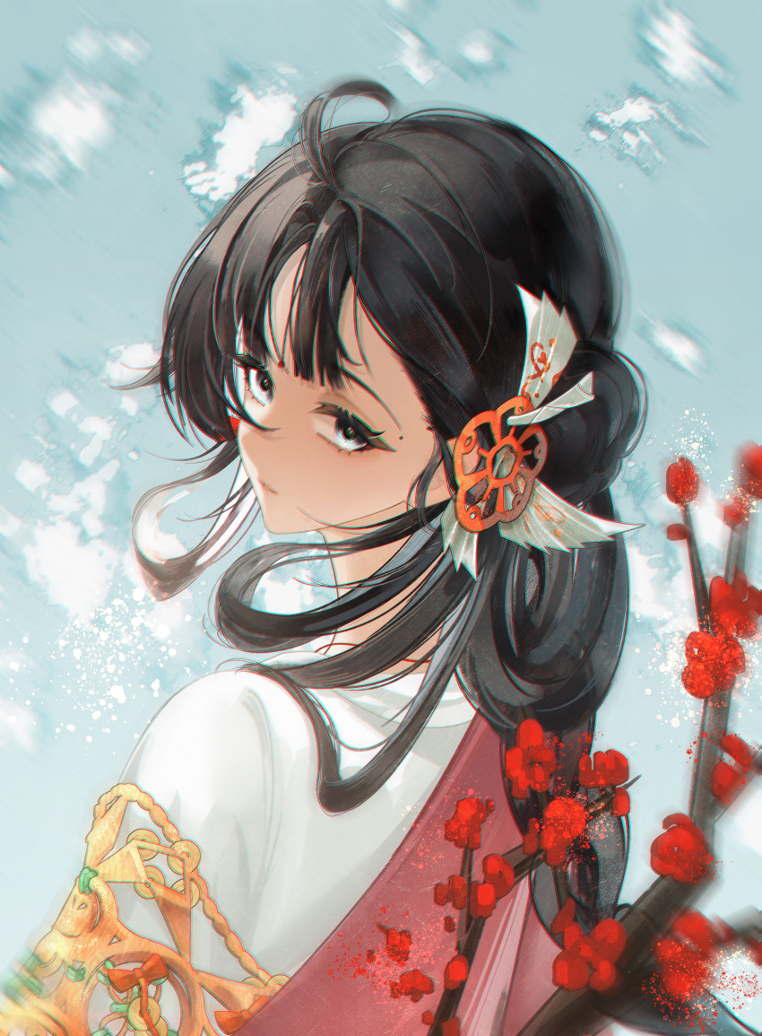 1girl, absurdres, black_hair, blue_background, blue_eyes, branch, chinese_commentary, chromatic_aberration
