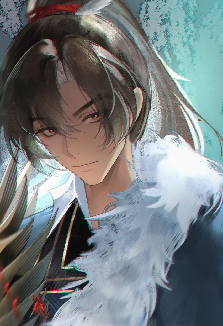 1boy, absurdres, armor, black_hair, blue_background, blue_robe, brown_eyes, cheng_heguang