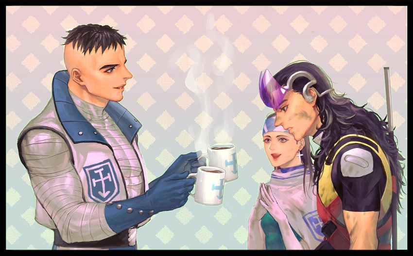 1girl, 2boys, aleph_(megami_tensei), argyle_background, armor, bandages, belt, beth_(megami_tensei)