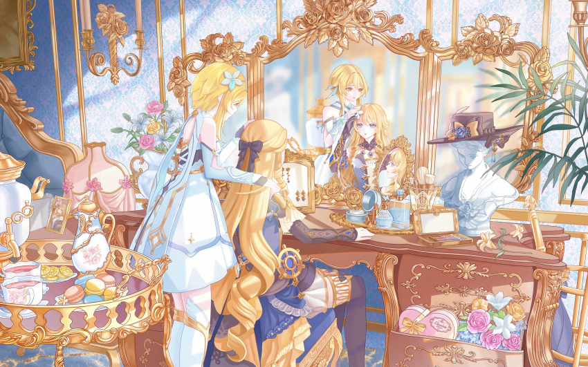 2girls, absurdly_detailed_composition, absurdres, artificial_flower, artist_name, bare_shoulders, black_bow, black_gloves