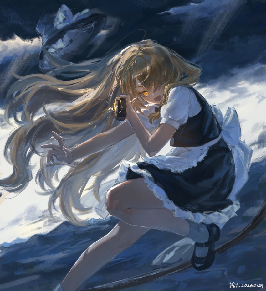 1girl, apron, artist_name, black_bow, black_shoes, blonde_hair, bow, braid