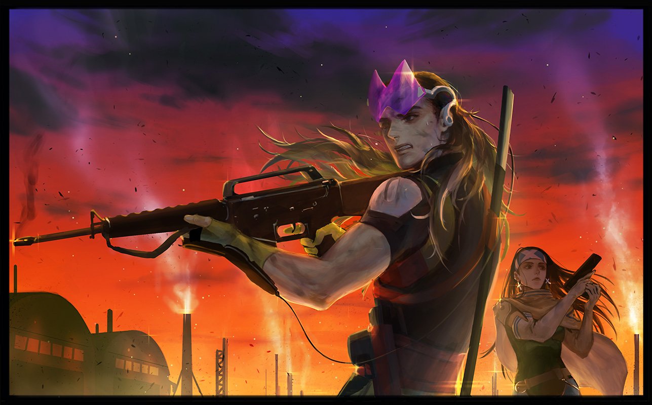 1boy, 1girl, aiming, aleph_(megami_tensei), armor, assault_rifle, belt, beth_(megami_tensei)