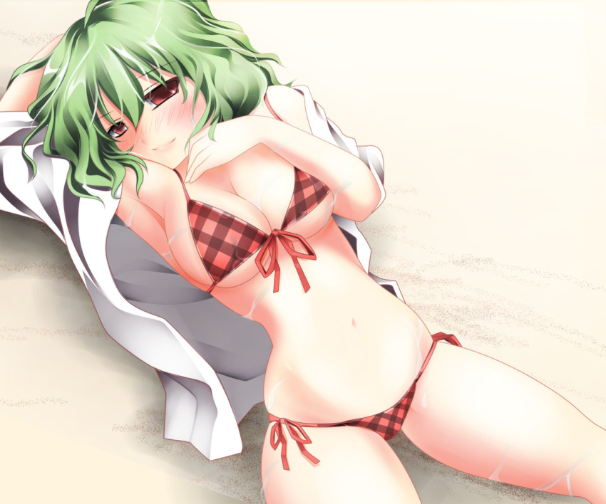 bikini, blush, breasts, bunchin_(siso_junzy), green_hair, kazami_yuuka, plaid, red_eyes, short_hair, solo, swimsuit, tartan, touhou, youkai