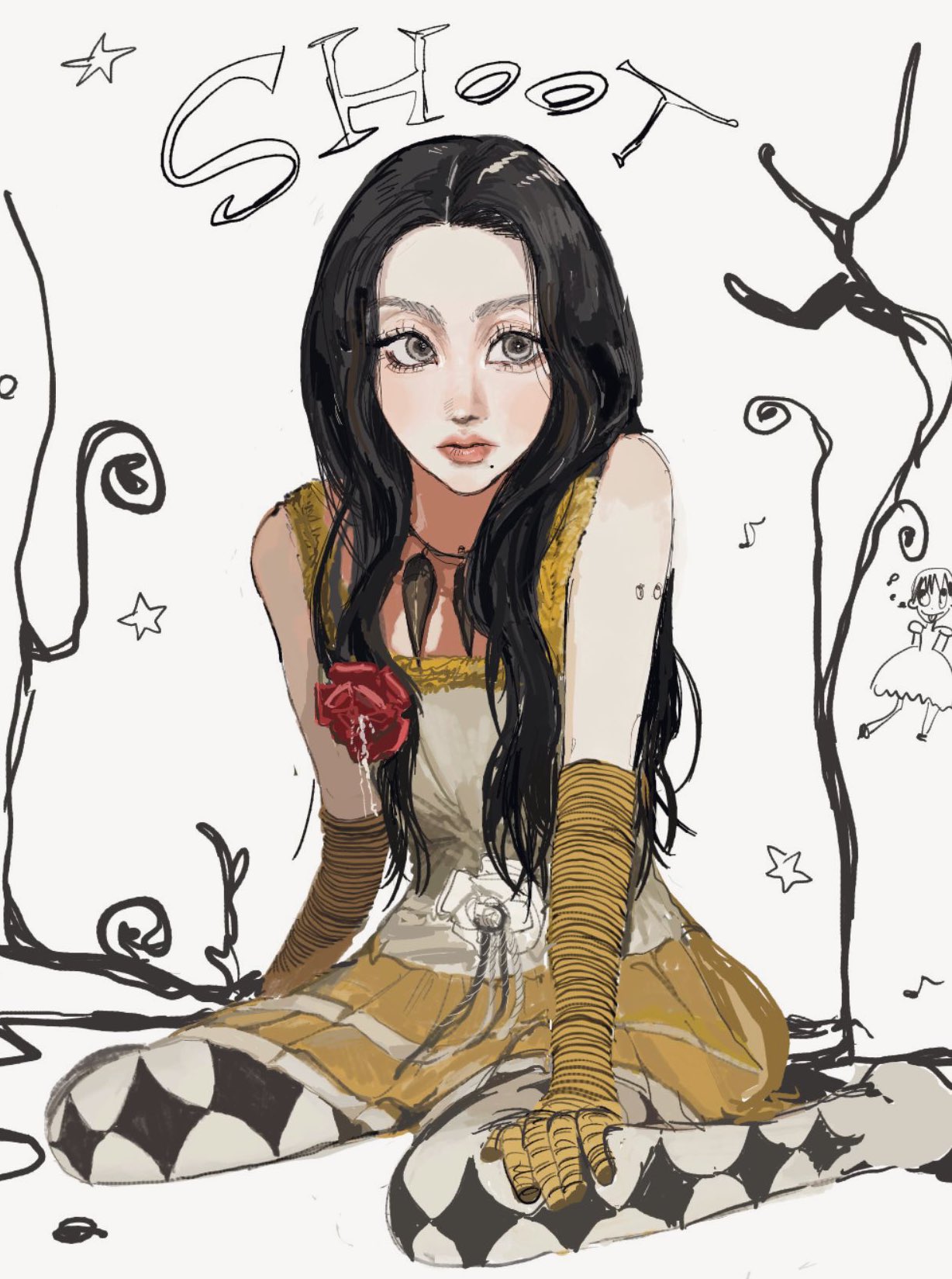 1girl, black_shoes, blush, chaeyoung_(twice), commentary, dress, elbow_gloves, flower, gloves, grey_dress, grey_eyes, hand_on_own_leg, high_heels, highres, k-pop, long_hair, looking_to_the_side, miyosu, mole, mole_under_mouth, orange_lips, real_life, red_flower, red_rose, rose, shoes, sitting, solo, striped_clothes, striped_gloves, symbol-only_commentary, twice_(group), wariza, yellow_gloves