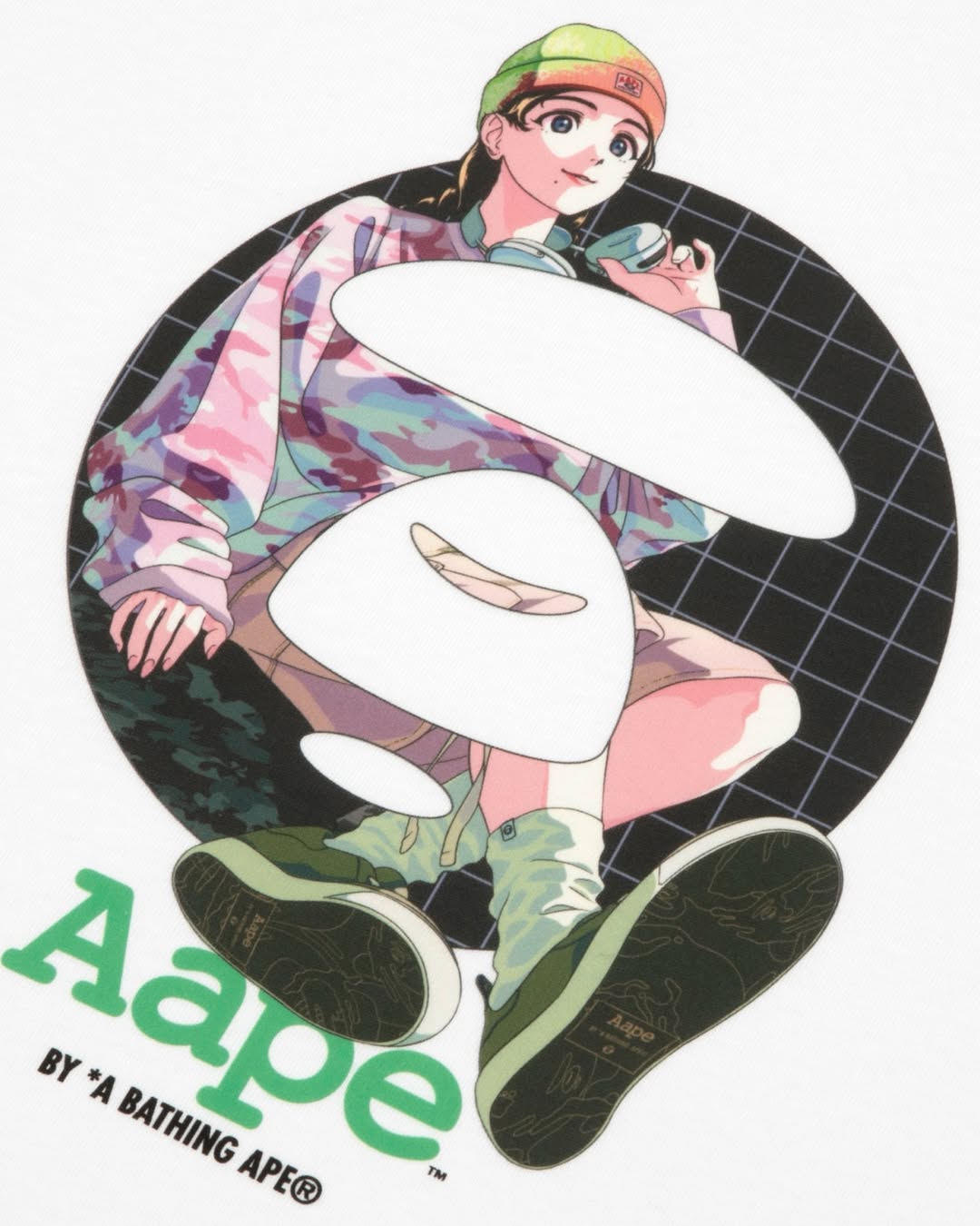1girl, a_bathing_ape, beanie, blue_eyes, braid, brown_hair, brown_shorts, camouflage