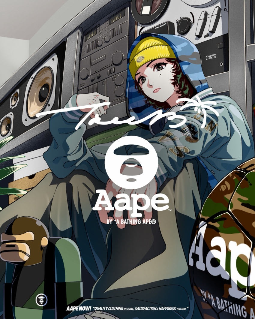 1girl, a_bathing_ape, aldo_(a_bathing_ape), ball, beanie, blue_hoodie, blue_jacket, camouflage