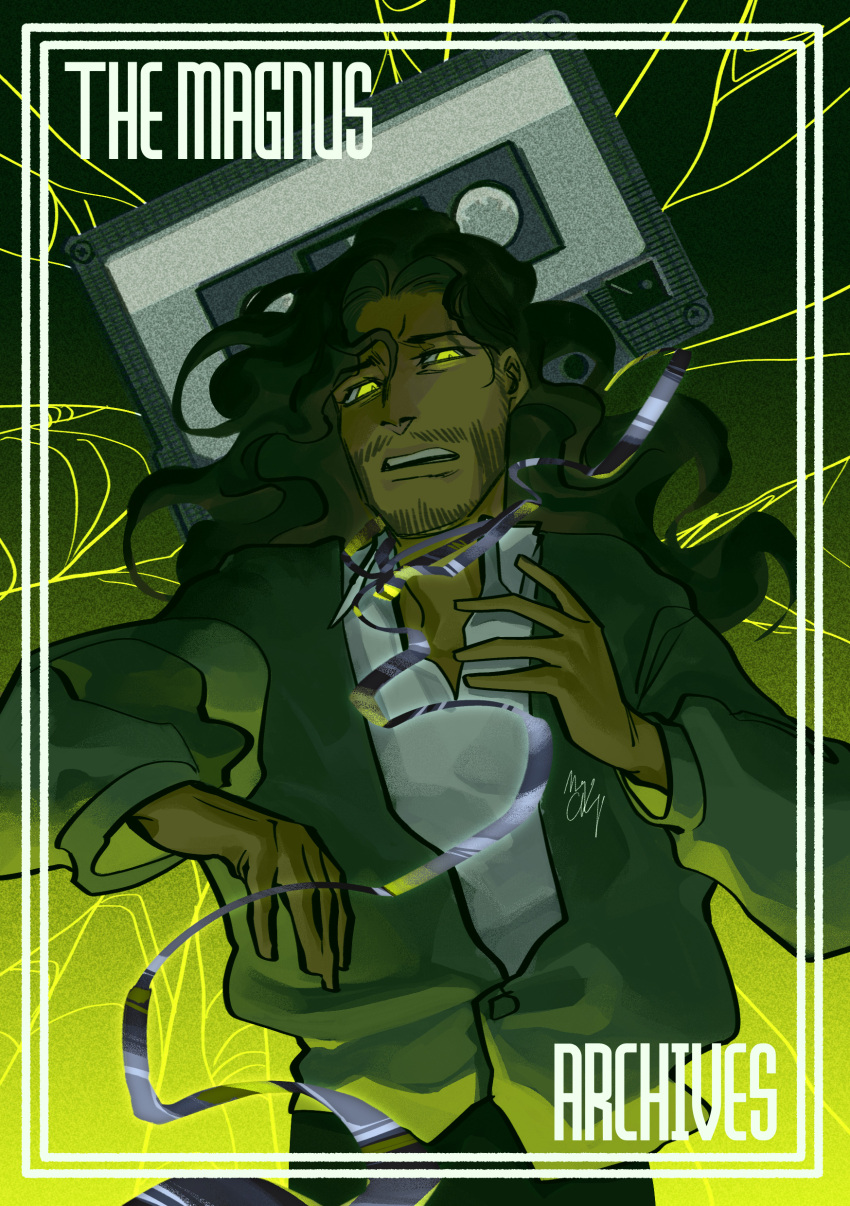 1boy, absurdres, black_hair, cardigan, cassette_tape, commentary, dark-skinned_male, dark_skin