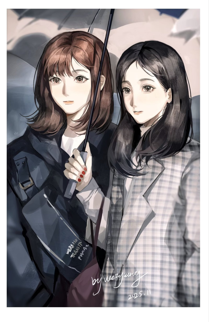 2girls, animification, black_hair, black_jacket, brown_eyes, brown_hair, dated, grey_eyes