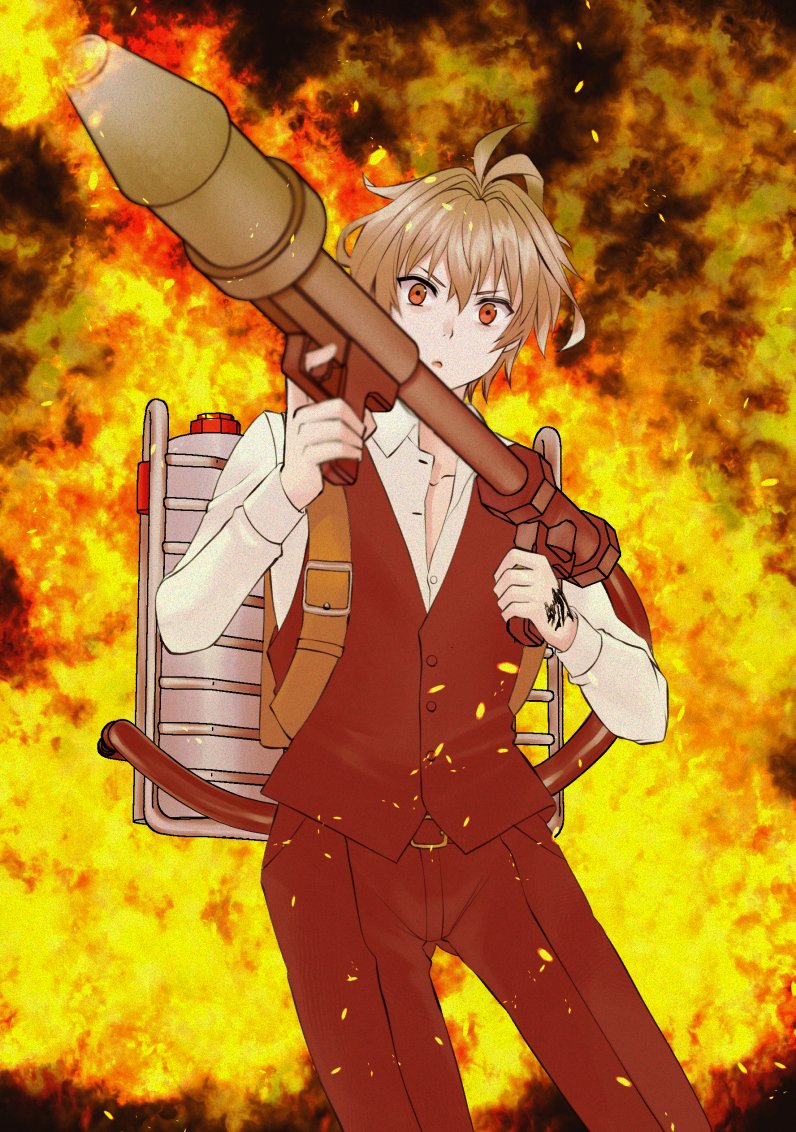 ahoge, antenna_hair, black_pants, black_vest, commentary_request, cowboy_shot, dress_shirt, eagret, fate/apocrypha, fate_(series), fiery_background, fire, flamethrower, grey_hair, hair_between_eyes, holding, holding_flamethrower, holding_weapon, orange_eyes, pants, shirt, short_hair, sieg_(fate), vest, weapon, white_shirt