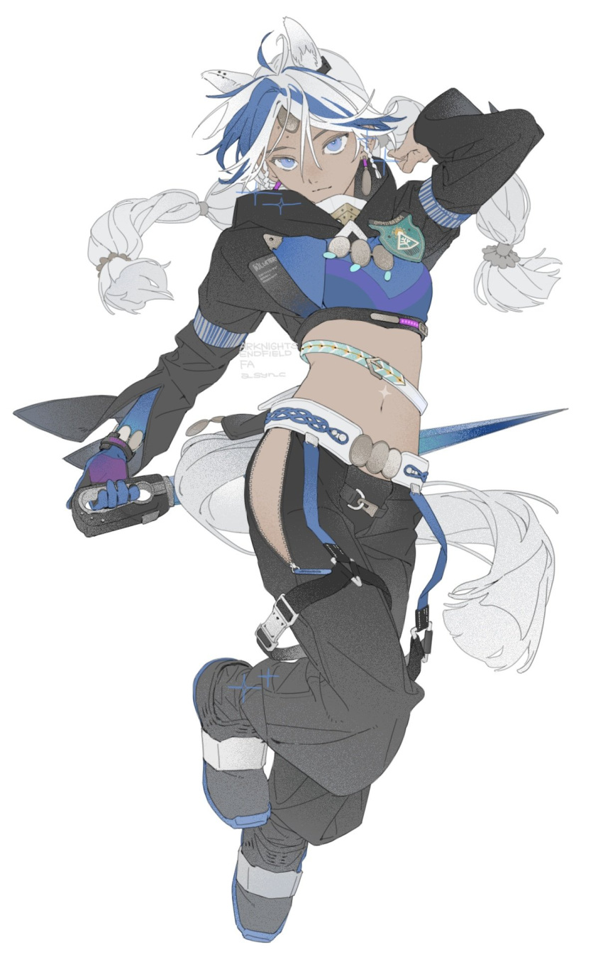 1girl, a_syn_c, animal_ears, arclight_(arknights), arknights, arknights:_endfield, belt, black_pants, blue_eyes, blue_hair, braid, breasts, closed_mouth, clothing_cutout, copyright_name, dark-skinned_female, dark_skin, earrings, extra_ears, full_body, gloves, highres, hip_vent, holding, holding_weapon, jewelry, long_hair, long_sleeves, low_twin_braids, medium_breasts, midriff, multicolored_hair, navel, pants, side_braids, simple_background, single_glove, solo, sparkle, twin_braids, twitter_username, weapon, white_background, white_hair, zipper