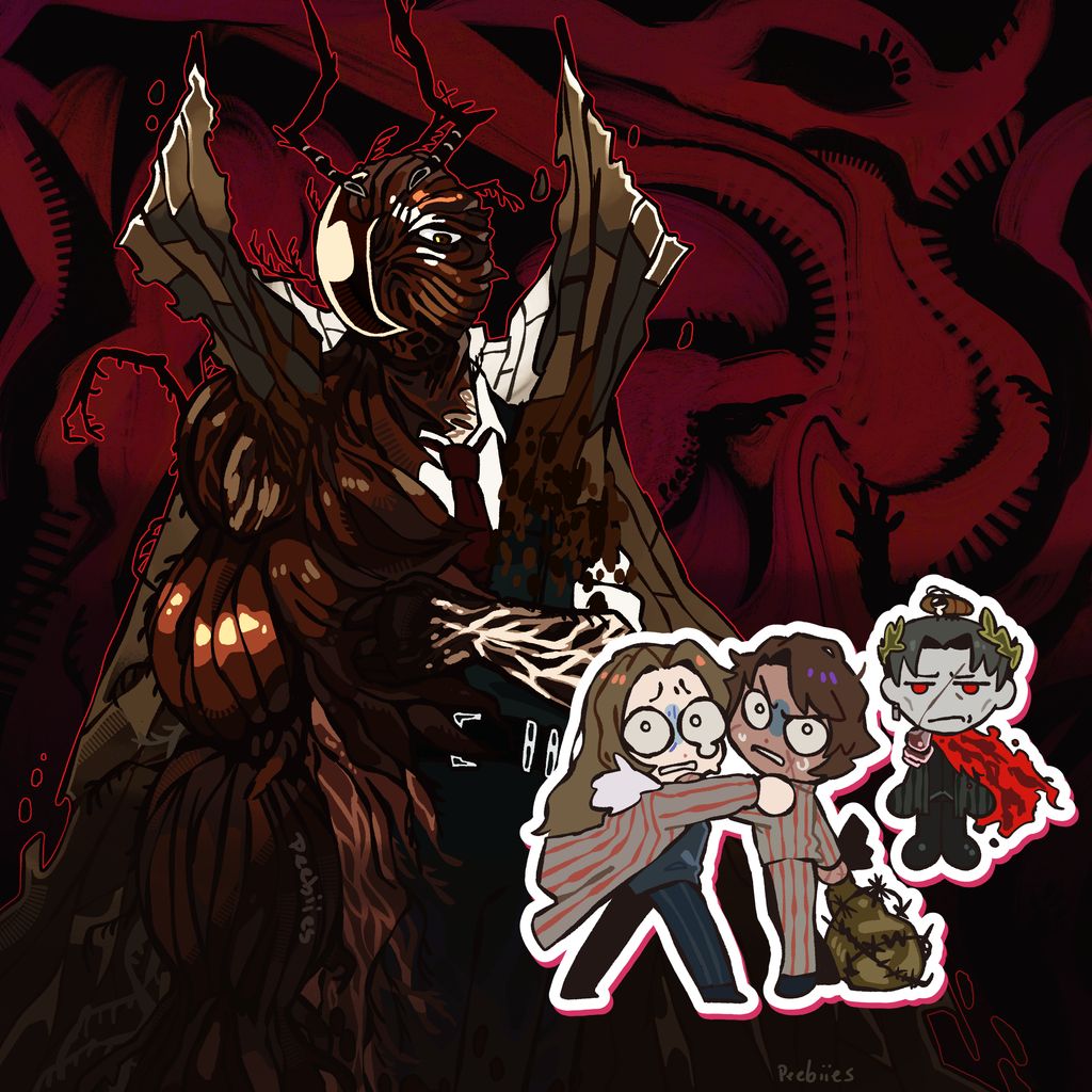 1girl, 3boys, antennae, arthropod_limbs, belt, black_pants, black_shirt, black_vest