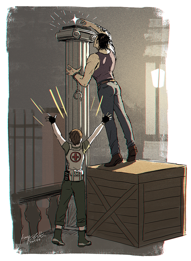 1boy, 1girl, arms_up, billy_coen, black_gloves, black_hair, border, box