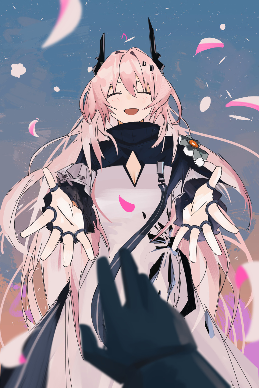 1girl, 1other, absurdres, arknights, blurry, blurry_foreground, border, closed_eyes