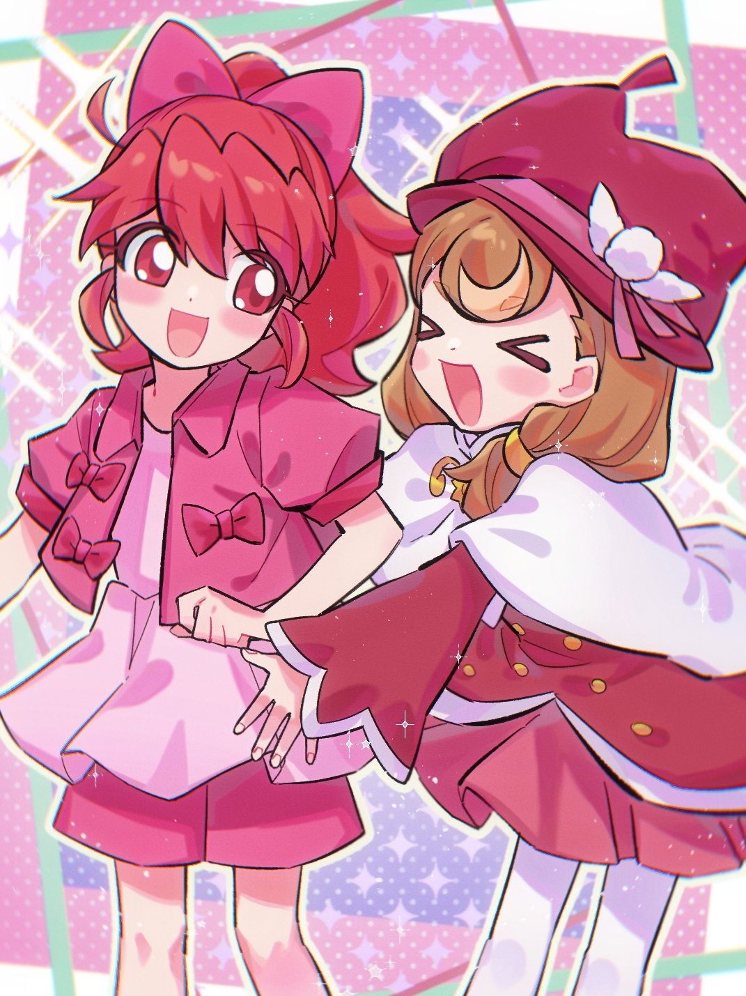 >_<, 2girls, :d, ahoge, aka_tsy, alternate_hairstyle, blush, bow