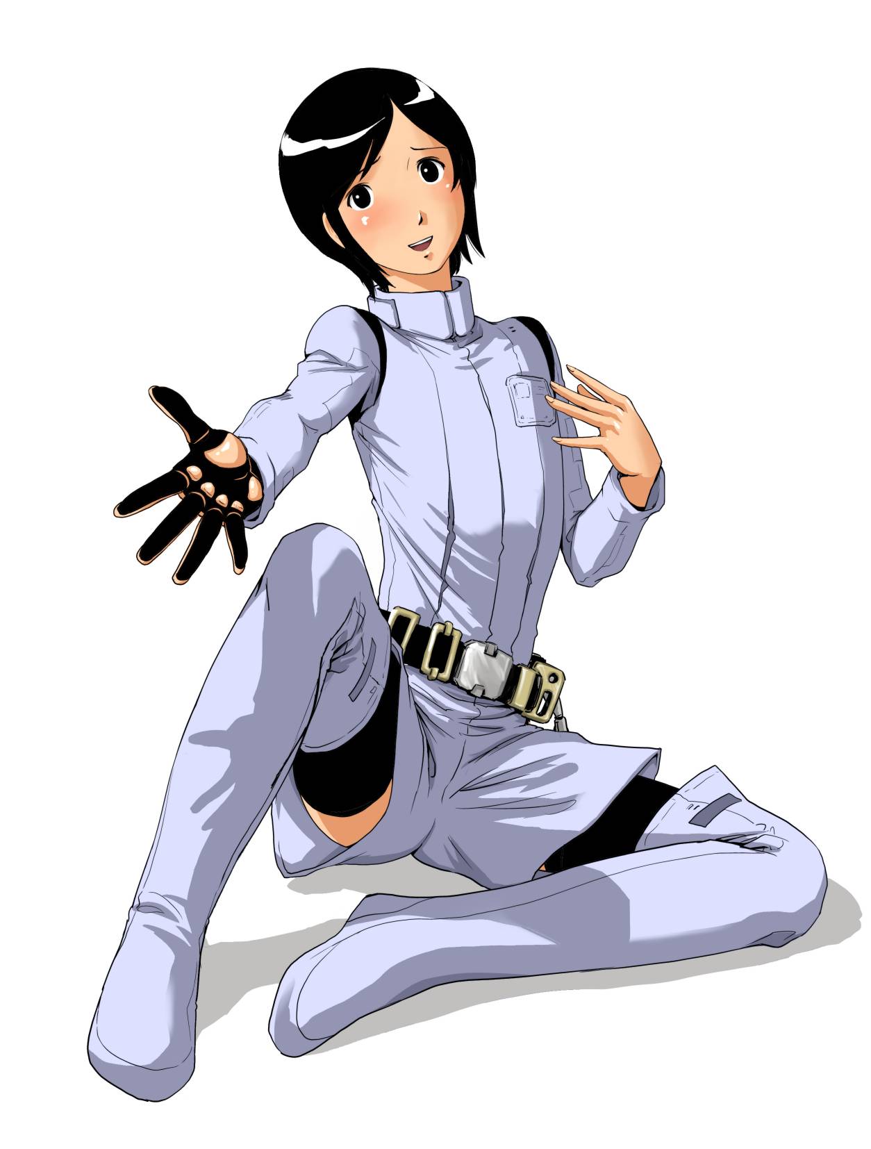 black_eyes, black_hair, blush, boots, gloves, highres, keso, military