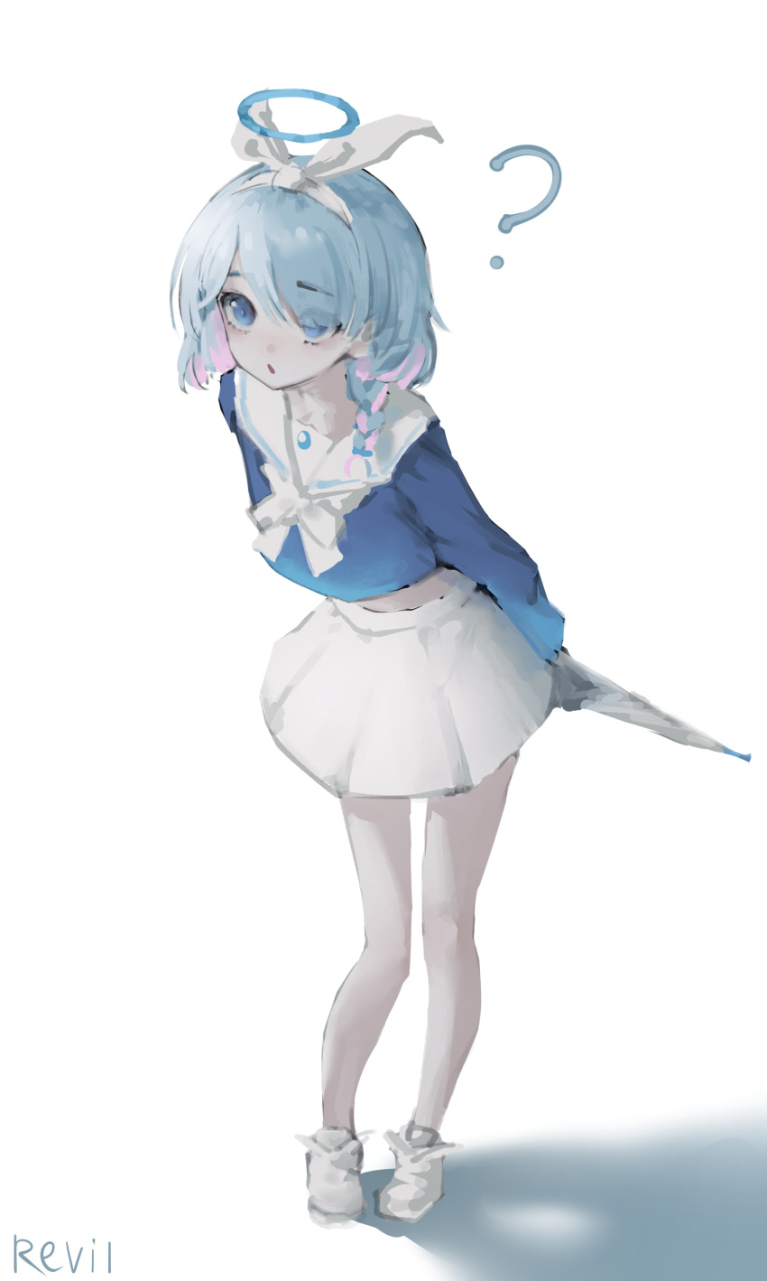 1girl, ?, absurdres, arona_(blue_archive), artist_name, bare_legs, blue_archive, blue_eyes, blue_hair, blue_shirt, braid, colored_inner_hair, commentary, cropped_shirt, hairband, halo, highres, long_sleeves, looking_ahead, midriff, multicolored_hair, pink_hair, revil, school_uniform, serafuku, shirt, shoes, single_braid, skirt, solo, two-tone_hair, white_hairband, white_shoes, white_skirt
