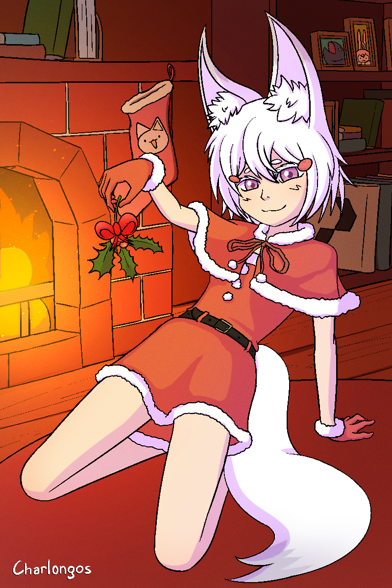 animal_ears, charlongos, chimney, christmas, commentary, english_commentary, fox_ears, fox_tail, highres, holly, phase_connect, tail, tenma_maemi, violet_eyes, virtual_youtuber, white_hair