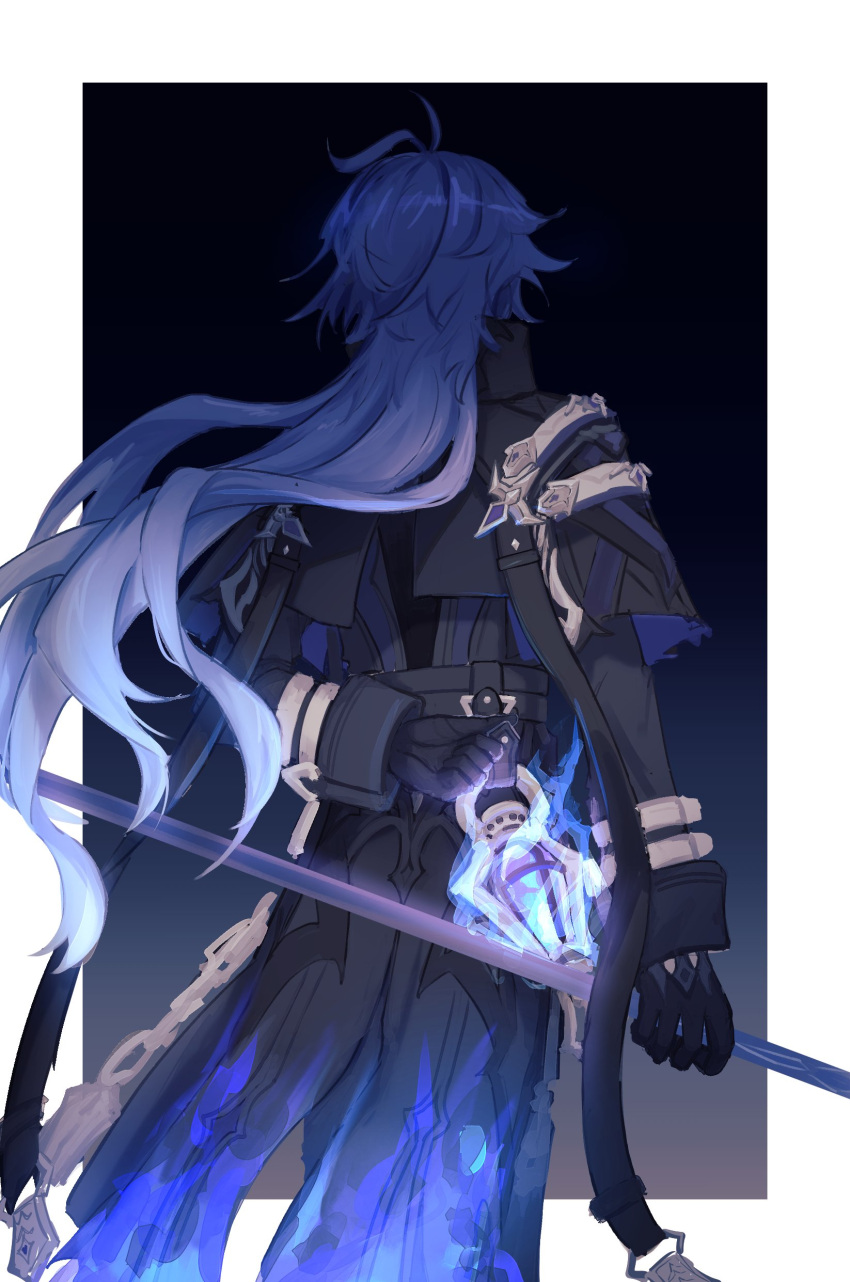 1boy, absurdres, arm_behind_back, black_coat, black_gloves, border, coat, feet_out_of_frame