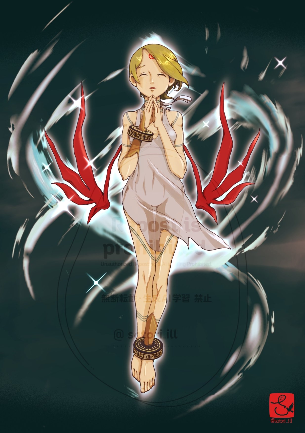 1girl, barefoot, blonde_hair, bracelet, breath_of_fire, breath_of_fire_v, commentary_request, dress
