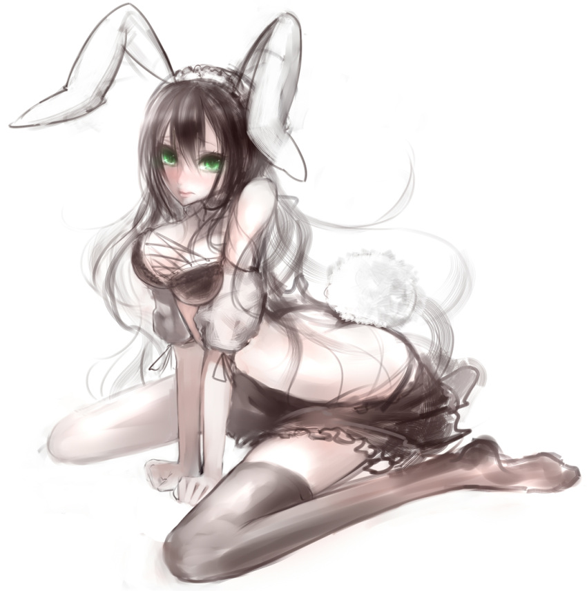 black_hair, black_legwear, breasts, bunny_ears, bunny_tail, cleavage, giluziru, green_eyes