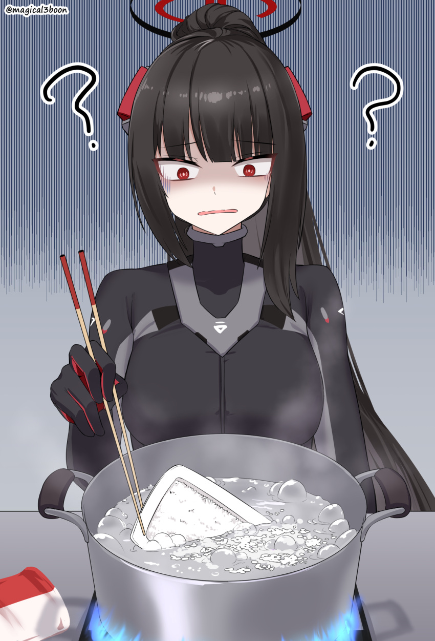 1girl, ?, black_bodysuit, black_hair, blue_archive, bodysuit, bright_pupils, chopsticks