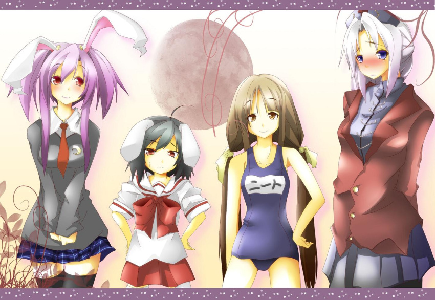4girls, alternate_hairstyle, animal_ears, blue_eyes, brown_eyes, brown_hair, bunny_ears, contemporary