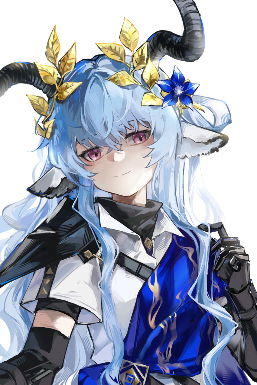 1girl, animal_ears, arknights, black_gloves, black_horns, blue_flower, blue_hair, blue_shawl