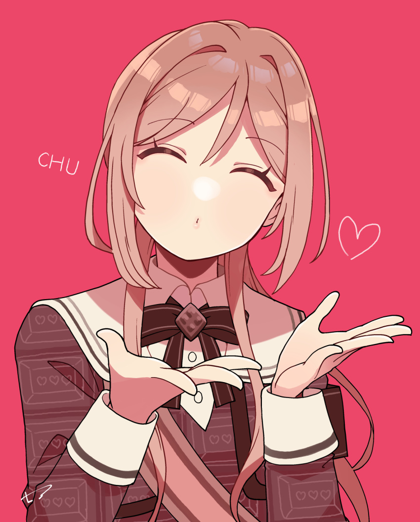 1girl, ^_^, blowing_kiss, brown_hair, brown_ribbon, brown_shirt, closed_eyes, facing_viewer, gakuen_idolmaster, happy_mille-feuille_(idolmaster), heart, highres, himesaki_rinami, idolmaster, long_sleeves, neck_ribbon, official_alternate_costume, red_background, ribbon, sailor_collar, shirt, simple_background, solo, t3_(t3only), upper_body, white_sailor_collar