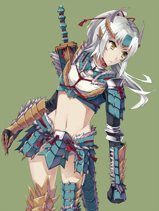 bad_id, capcom, jinouga_(armor), kibamigohann, midriff, monster_hunter, monster_hunter_portable_3rd, navel, ponytail, simple_background, solo, sword, weapon, white_hair, yellow_eyes