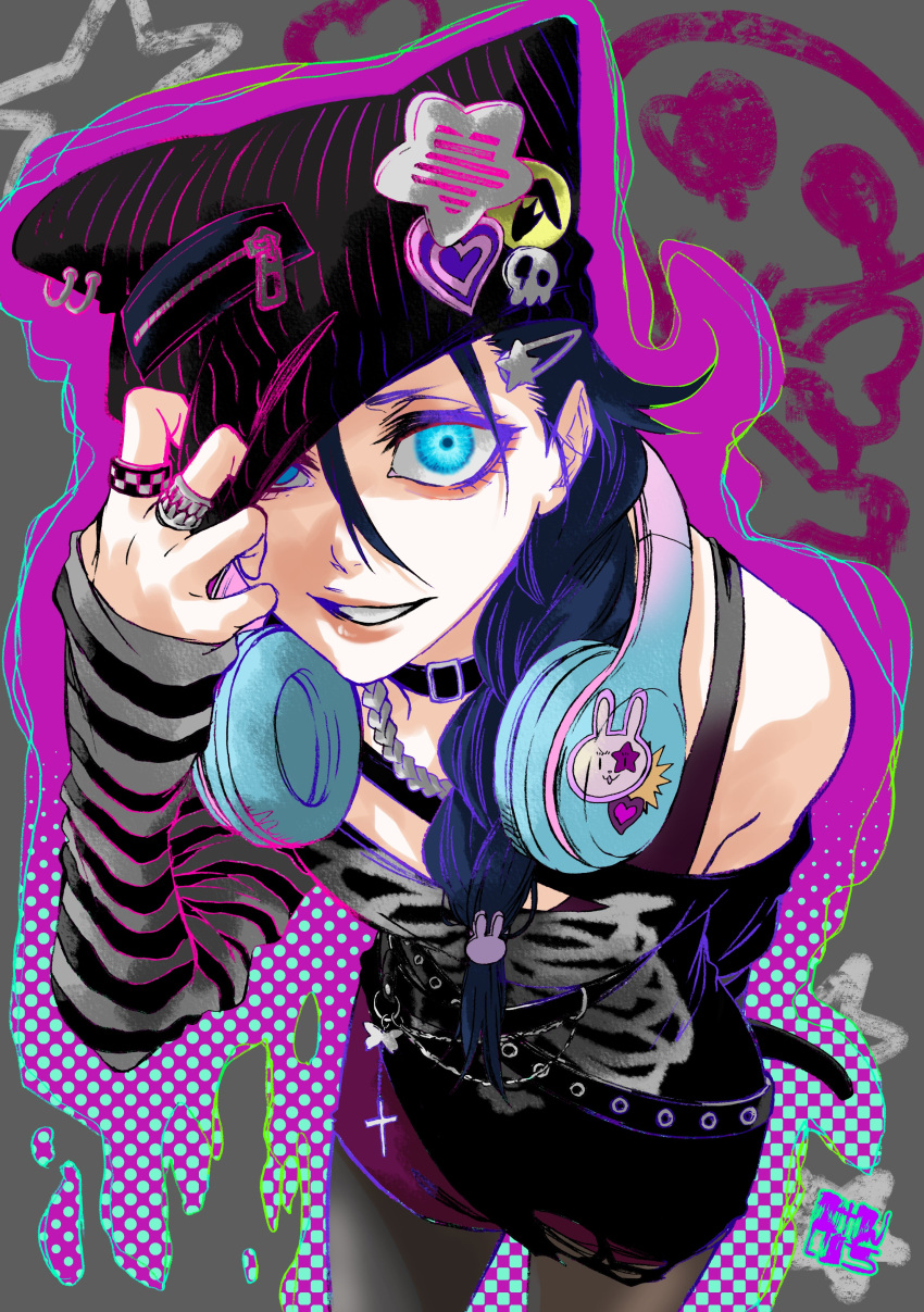 1girl, absurdres, animal_hat, badge, beanie, belt, black_hair, bleach