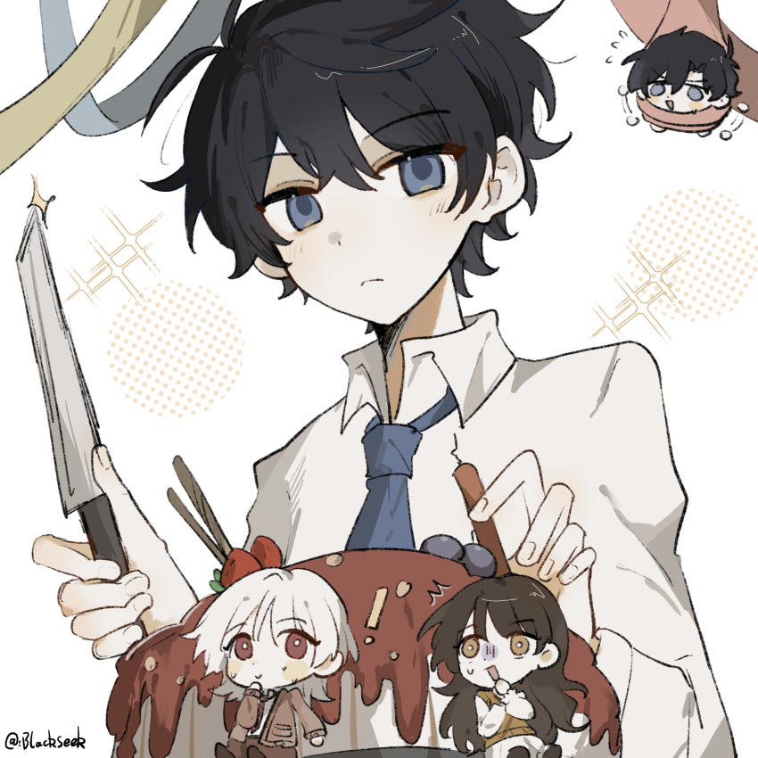 1girl, 3boys, :d, afterimage, akinashi_haru, akinashi_natsuki, black_hair, blackseek