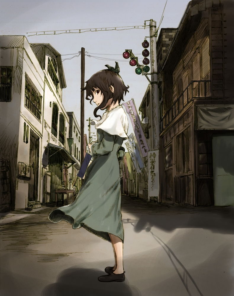 brown_hair, city, cityscape, despera, dress, nari-moku, ribbon