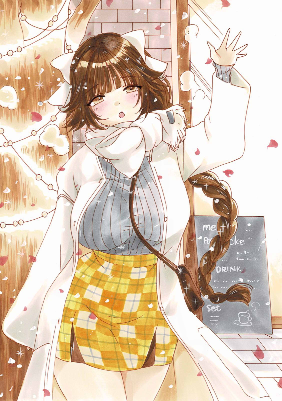 azur_lane, bag, blunt_bangs, bow, braid, coat, commentary_request, cowboy_shot, hair_bow, hair_intakes, hand_up, highres, menu, open_clothes, open_coat, open_mouth, plaid_clothes, plaid_skirt, scarf, shoulder_bag, single_braid, skirt, strap, sweater, takao_(azur_lane), uzuharu_(uduharu), white_coat, winter_clothes