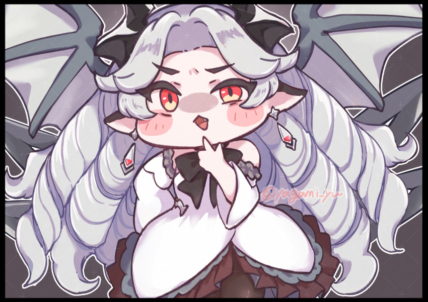 1girl, bare_shoulders, black_horns, blush_stickers, chibi, chibi_only, commentary_request, detached_sleeves