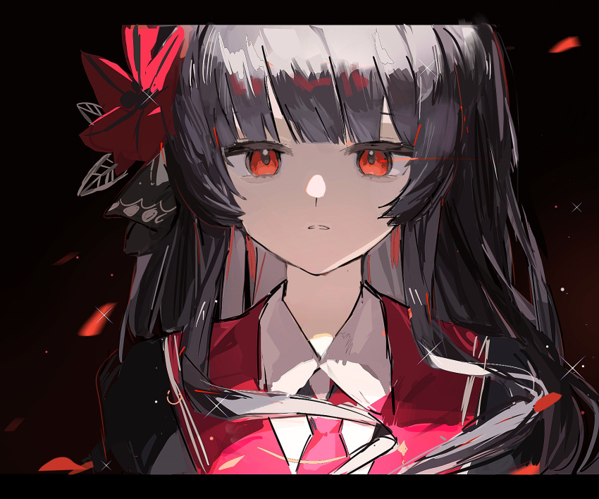 1girl, black_background, black_hair, black_shirt, blunt_bangs, chinese_commentary, commentary_request, flower, hair_flower, hair_ornament, highres, letterboxed, long_hair, looking_at_viewer, mahou_shoujo_no_majo_saiban, mengmu, necktie, nikaido_hiro, parted_lips, red_eyes, red_flower, red_necktie, shirt, simple_background, solo, sparkle, upper_body