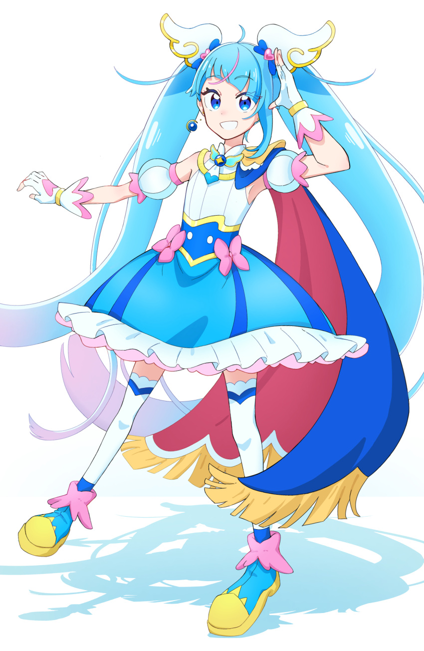 1girl, :d, absurdres, ahoge, arm_up, asymmetrical_bangs, blue_boots, blue_cape, blue_dress, blue_eyes, blue_hair, boots, bow, brooch, cape, colored_petticoat, colored_shadow, commentary, cure_sky, detached_sleeves, diagonal_bangs, dress, dress_bow, earclip, earrings, fingerless_gloves, fringe-trimmed_cape, fringe_trim, full_body, gloves, gradient_hair, grin, hair_bow, hair_ornament, highres, hirogaru_sky!_precure, jewelry, long_hair, looking_at_viewer, magical_girl, medium_dress, mixed-language_commentary, multicolored_hair, outstretched_arm, petticoat, pink_bow, pink_hair, precure, puffy_detached_sleeves, puffy_sleeves, raised_eyebrows, red_cape, salute, shadow, simple_background, single_bare_shoulder, single_earring, single_hair_streak, single_sidelock, sleeveless, sleeveless_dress, smile, solo, sora_harewataru, streaked_hair, thigh-highs, two-sided_cape, two-sided_fabric, two-tone_dress, two-tone_hair, user_hsrp4237, very_long_hair, white_background, white_dress, white_gloves, white_thighhighs, wing_brooch, wing_hair_ornament, zettai_ryouiki
