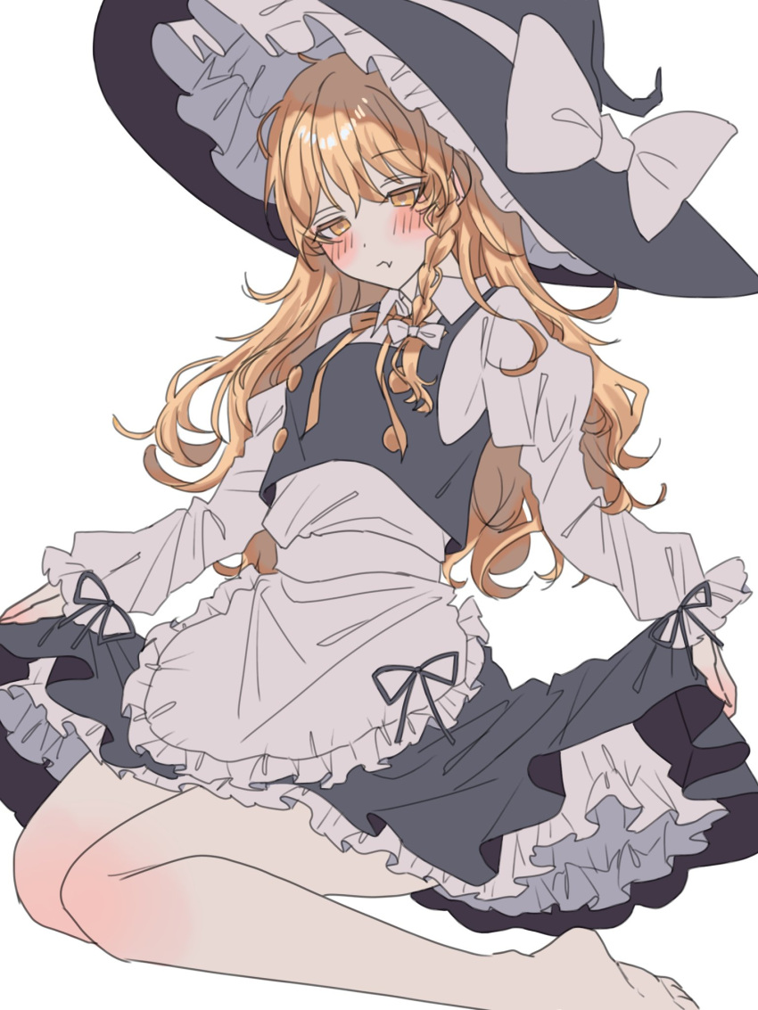 1girl, amatukimahoro, apron, barefoot, black_hat, black_skirt, blonde_hair, blush, bow, braid, closed_mouth, collared_shirt, commentary_request, frilled_skirt, frills, hair_bow, hat, hat_bow, highres, kirisame_marisa, long_hair, long_sleeves, looking_at_viewer, shirt, side_braid, simple_background, single_braid, sitting, skirt, solo, toes, touhou, waist_apron, white_apron, white_background, white_bow, white_shirt, witch_hat, yellow_eyes