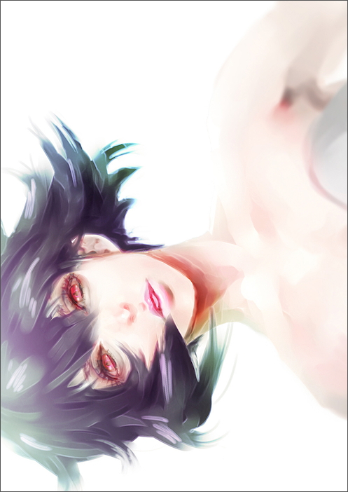 cyborg, female, ghost_in_the_shell, ghost_in_the_shell_stand_alone_complex, kusanagi_motoko, lips, nottama, purple_hair, red_eyes, short_hair, simple_background, solo, white_background