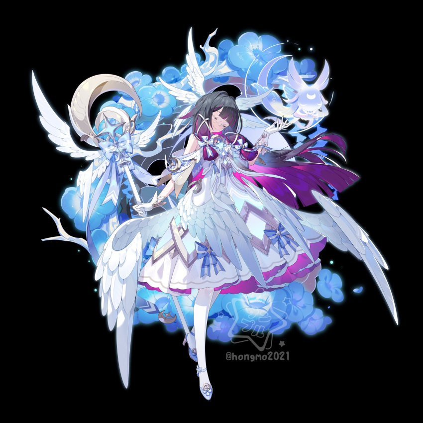 1girl, adapted_costume, bare_shoulders, black_background, black_hair, blue_bow, bow, closed_eyes