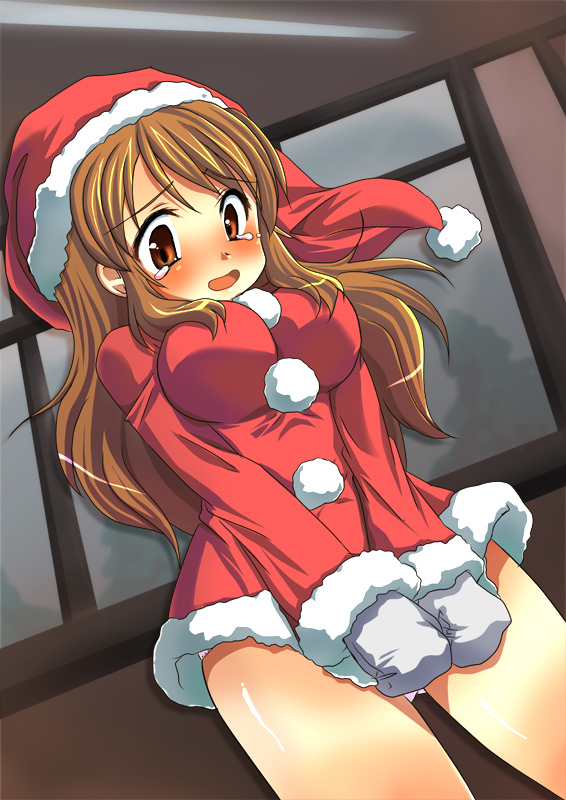asami, blush, breasts, brown_eyes, brown_hair, christmas, covering, covering_crotch, dress, dress_tug, dutch_angle, embarrassed, fur_trim, hat, impossible_clothes, impossible_dress, large_breasts, long_hair, mittens, open_mouth, orange_eyes, panties, pantyshot, pantyshot_(standing), pink_panties, santa_costume, santa_hat, shiny, shiny_skin, short_dress, solo, standing, suzumiya_haruhi_no_shoushitsu, suzumiya_haruhi_no_yuuutsu, tears, thighs, underwear, window